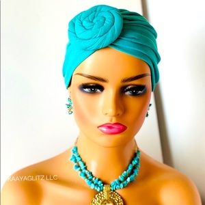 Teal Turquoise Blue Turban Head Wraps Silk Satin Lined Sleep cap beanie gift